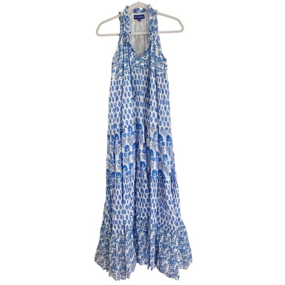 Anthropologie Ro’s Garden Sofia Maxi Dress Blue Floral Block Print Ruffle V Neck - Picture 2 of 5